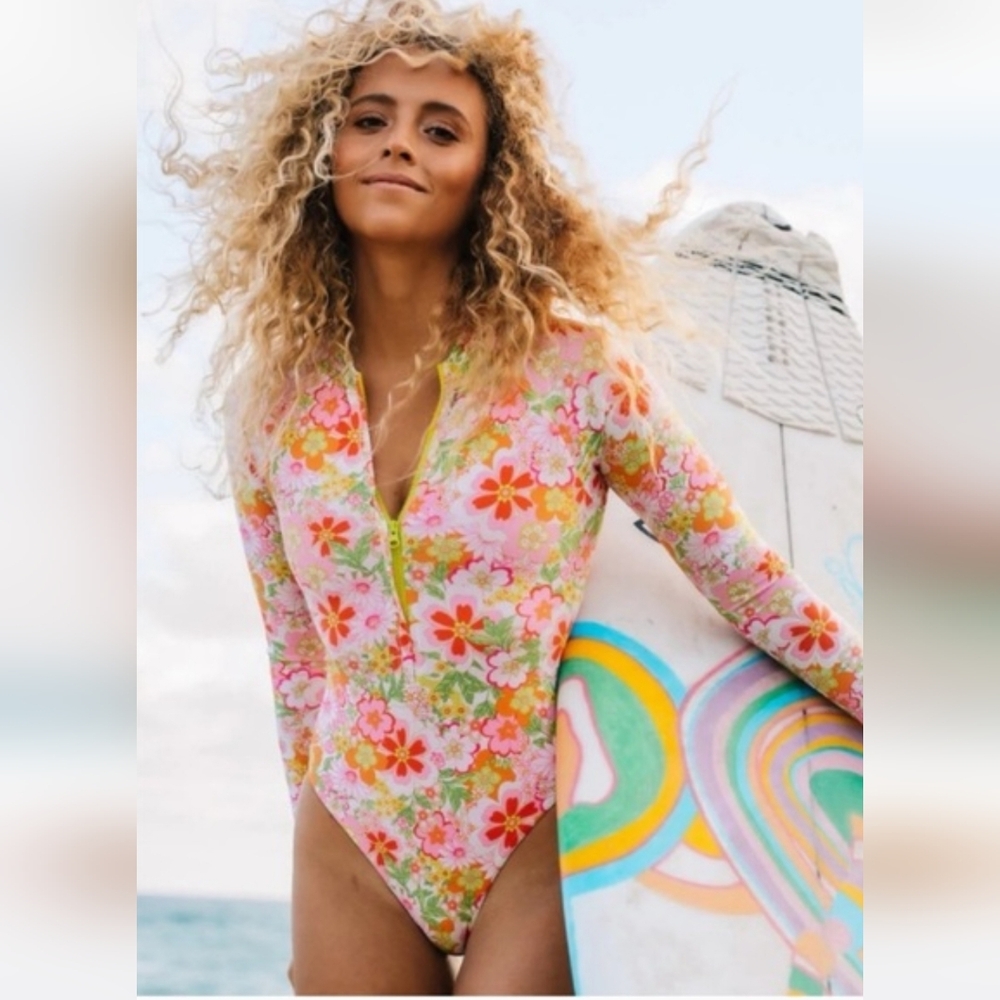 Jolyn Paloma One-Piece Surf Swimsuit Rash Guard Long Sleeve Floral Size Small